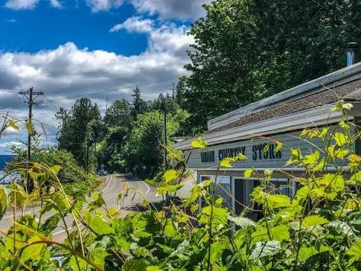 Union Country Store on the winding Hood Canal road in Union, WA, framed by summer greenery